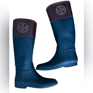 Tory Burch Navy Blue and Brown Knee-High Rain Boots Sz 10